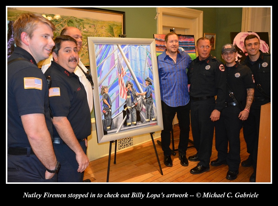 Nutley NJ Firemen view THE RISING OF THE AMERICAN SPIRIT by Nutley NJ-based artist Billy Lopa